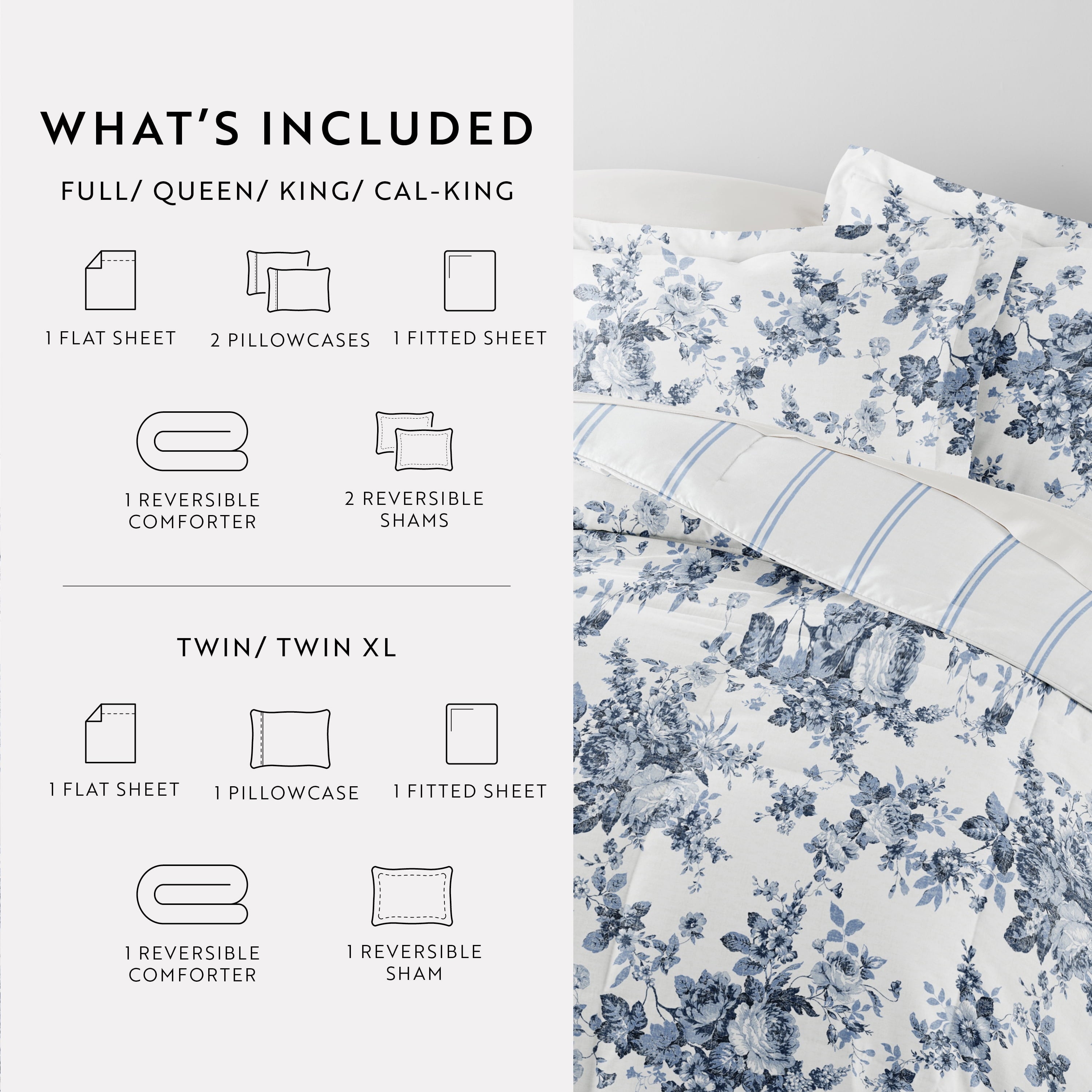 Comfort Canopy - California King Bedding Bundle, Patterned Microfiber Comforter and Solid Sheet Set in Cabbage Rose Stripe Stone