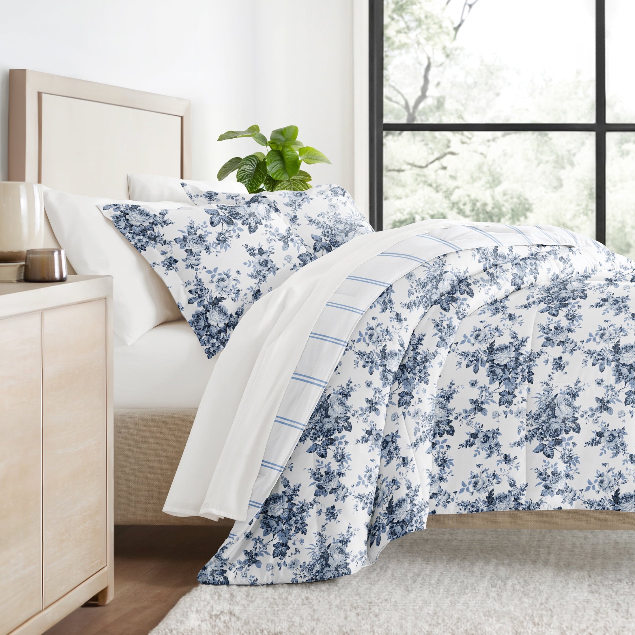 Comfort Canopy - California King Bedding Bundle, Patterned Microfiber Comforter and Solid Sheet Set in Cabbage Rose Stripe Stone