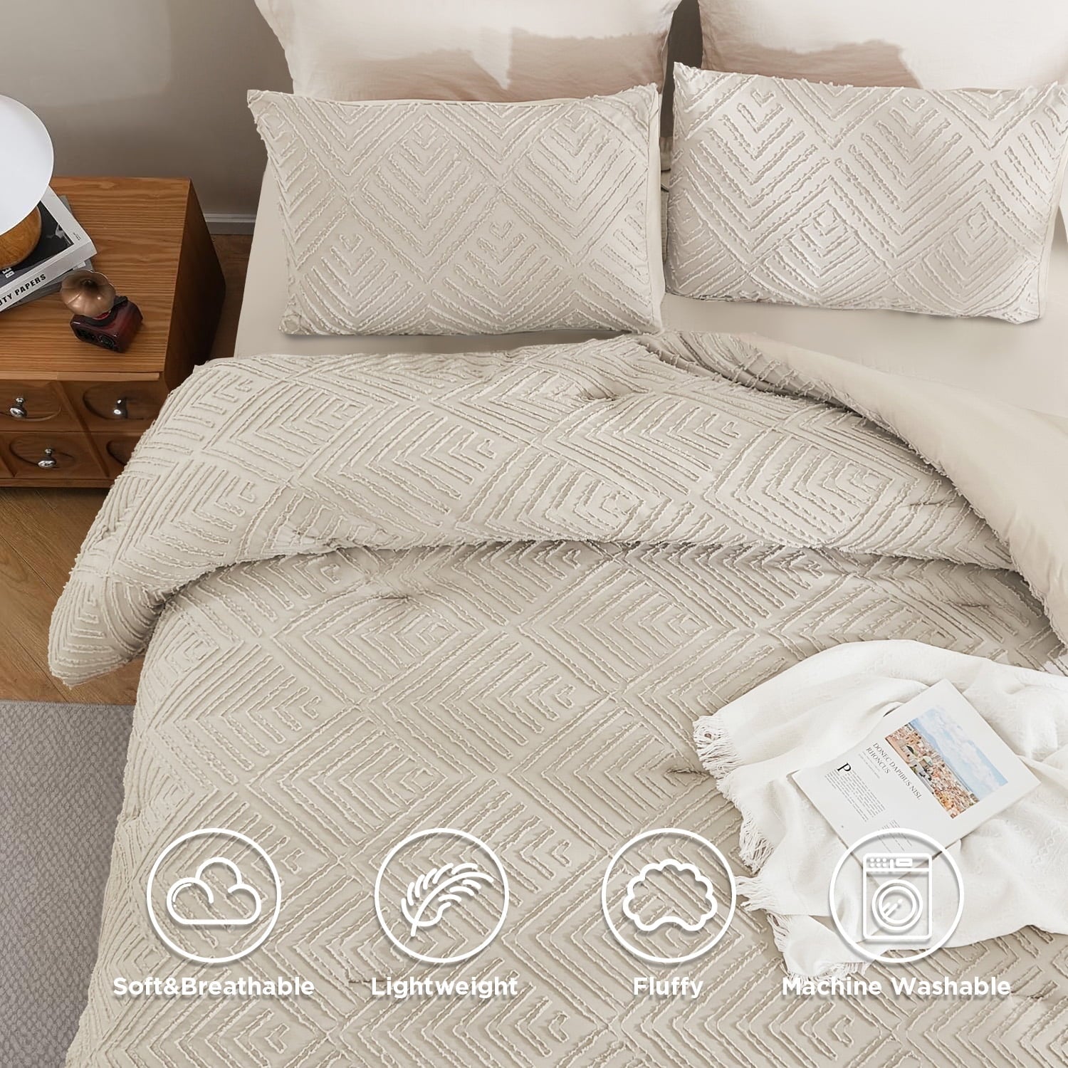 ANGENIA King Size Comforter Set with Sheet, 7 Pieces Beige Bed in a Bag Boho Cream Soft Lightweight Fluffy Tufted All Season Bed Set with Comforter, Sheets, Pillowcases & Shams