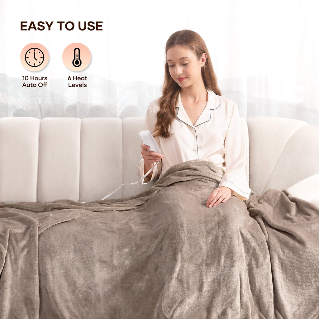 Electric Blanket 72" x 84" Full Size with 6 Heating Levels, 10 H Auto-off, Flannel, Machine Washable, Linen
