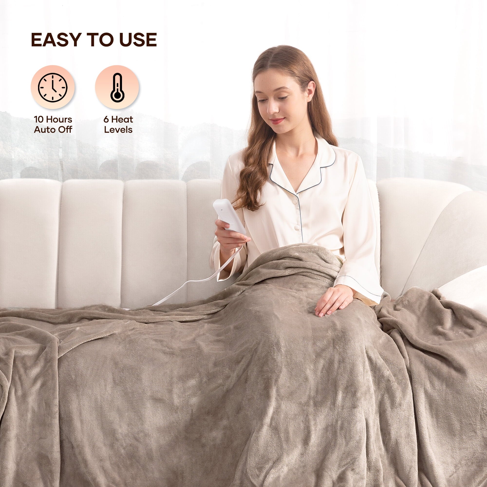 Electric Blanket 72" x 84" Full Size with 6 Heating Levels, 10 H Auto-off, Flannel, Machine Washable, Linen