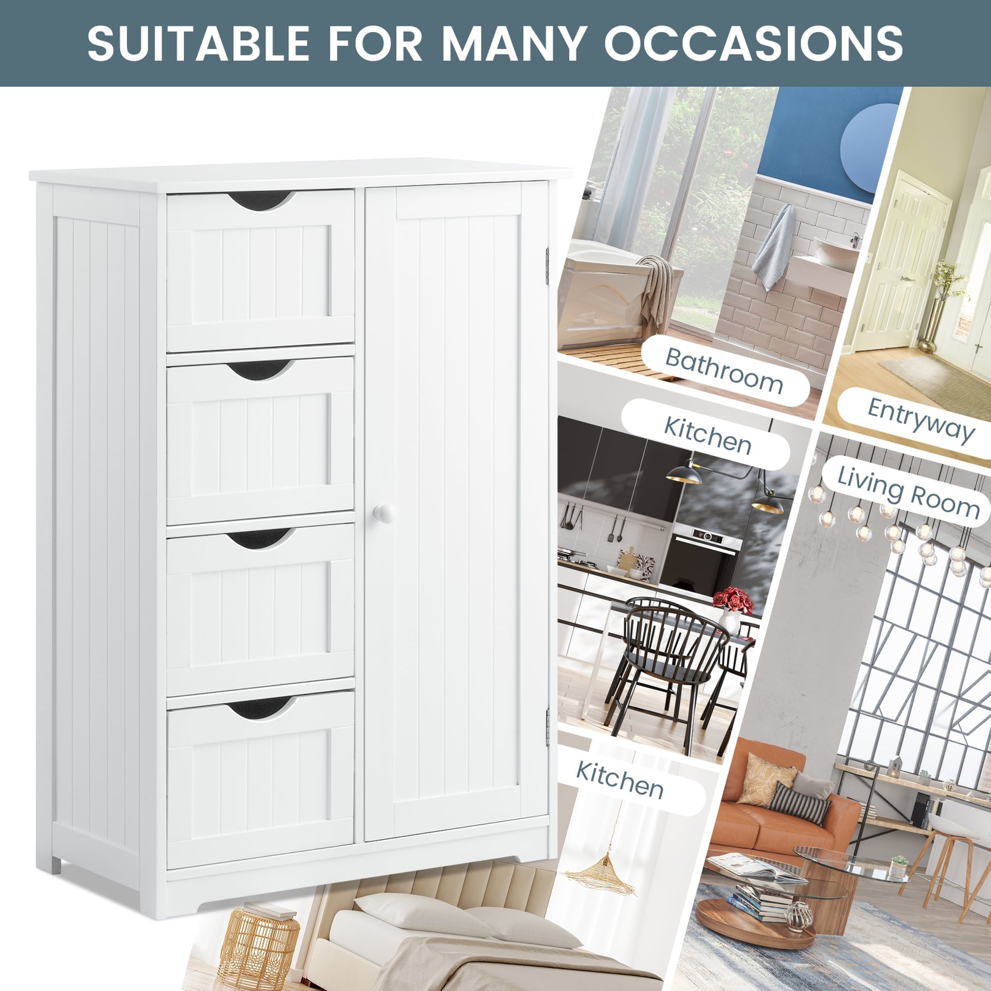 Costway Wooden 4 Drawer Bathroom Cabinet Storage Cupboard 2 Shelves Free Standing White