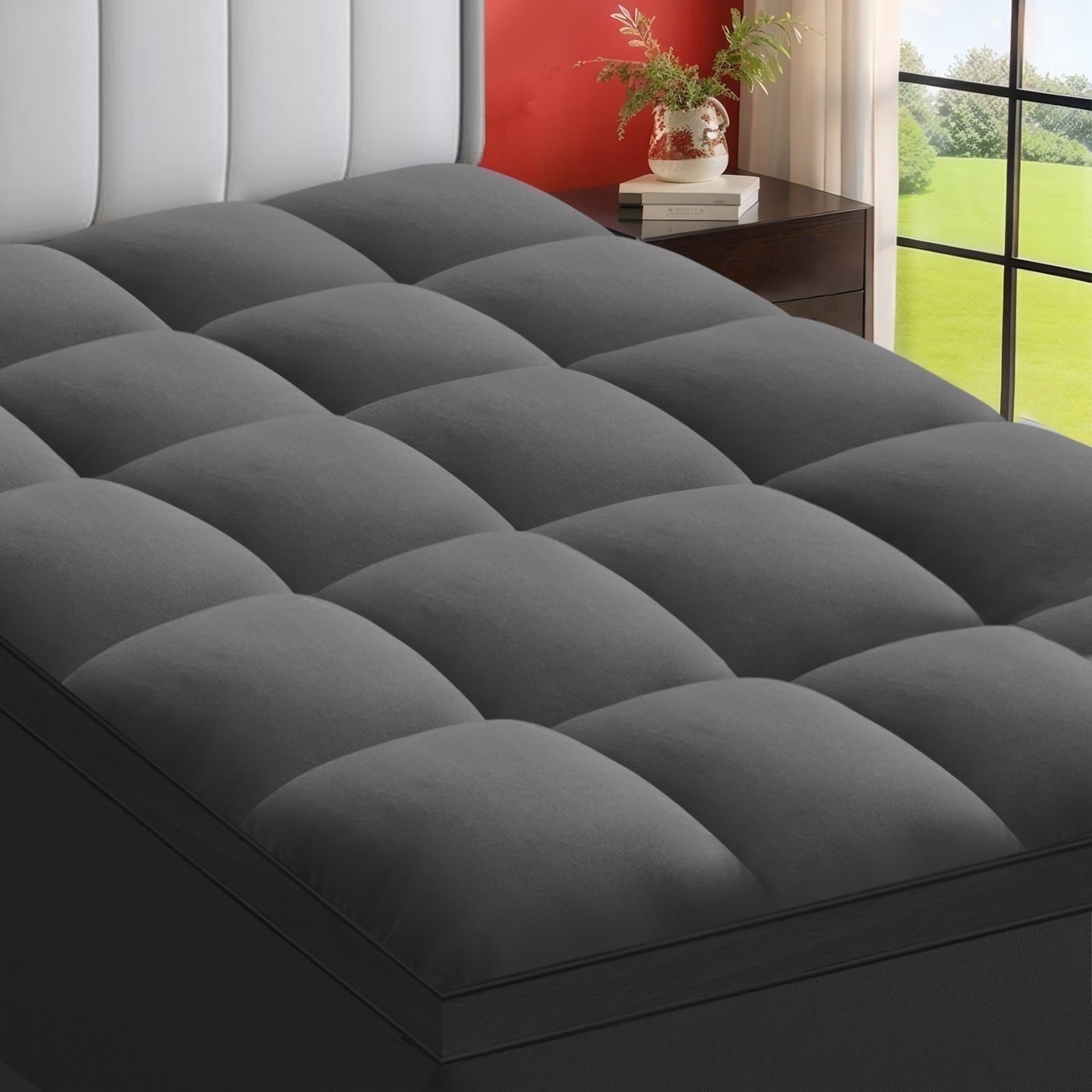 EMONIA 100% 400TC Mattress Topper Queen for Back Pain, 900GSM Mattress Pad Pillow Top, Quilted Fitted Mattress Protector Cover with 8-21" Deep Elastic Pocket, Soft Comfort Breathable (White, Queen)