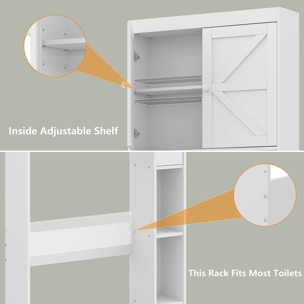 Furnihold Over The Toilet Storage Cabinet with Barn Doors, 32.3''W Farmhouse Bathroom Over Toilet Shelf Space Saver with Toilet Paper Holder, White