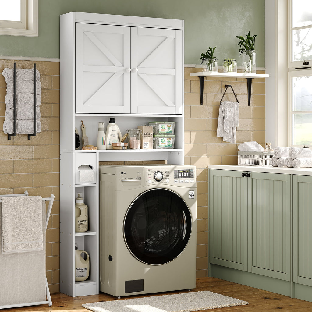 Furnihold Over The Toilet Storage Cabinet with Barn Doors, 32.3''W Farmhouse Bathroom Over Toilet Shelf Space Saver with Toilet Paper Holder, White