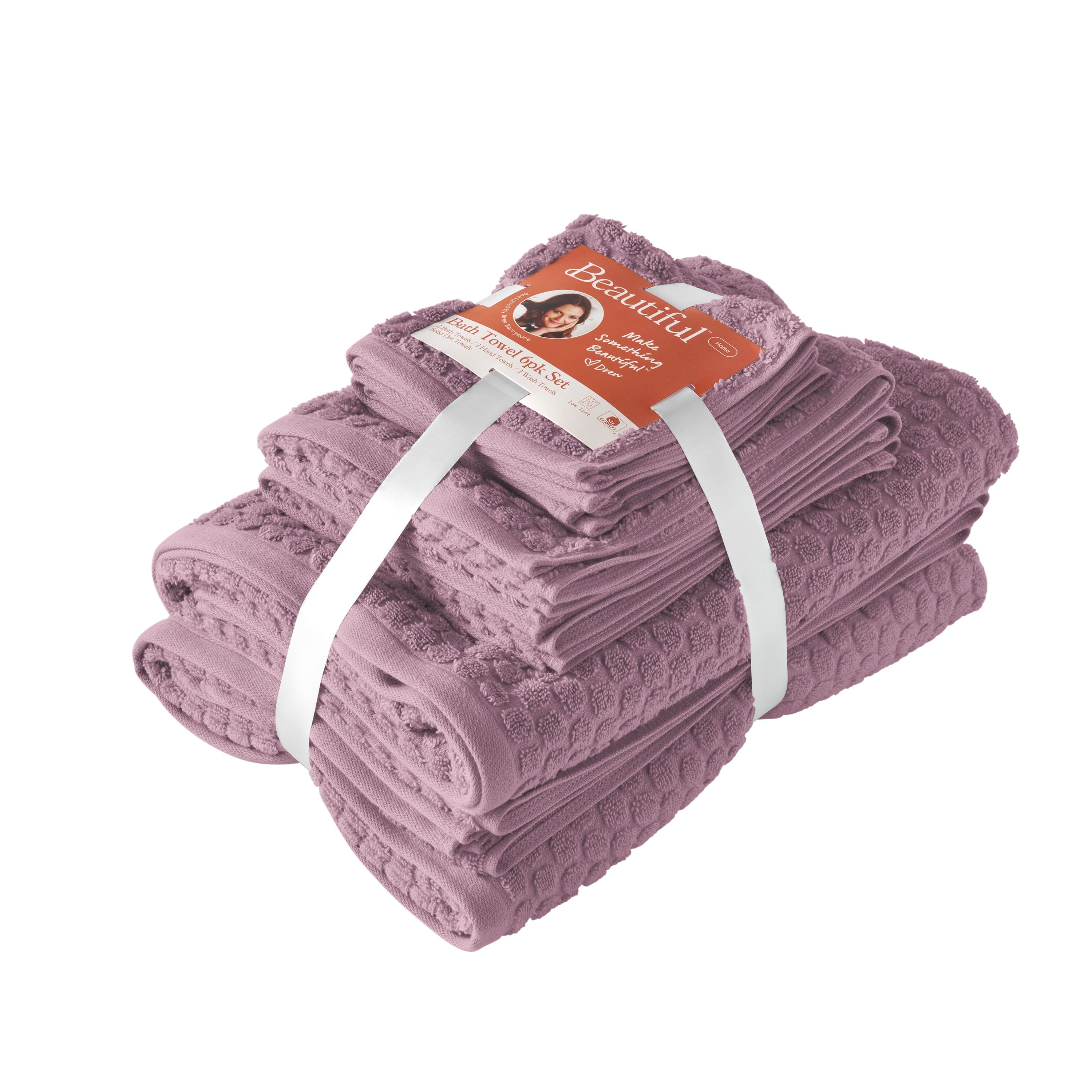 Beautiful by Drew Barrymore 6-Piece Dot Bath Towel Set, Soft 100% Cotton, Rose Pink