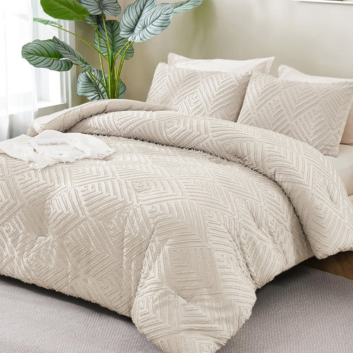 ANGENIA King Size Comforter Set with Sheet, 7 Pieces Beige Bed in a Bag Boho Cream Soft Lightweight Fluffy Tufted All Season Bed Set with Comforter, Sheets, Pillowcases & Shams